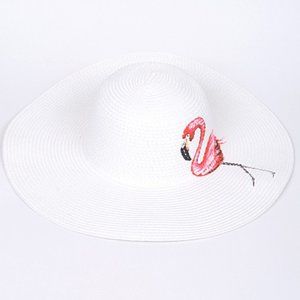 White Straw Hat with Pink Flamingo